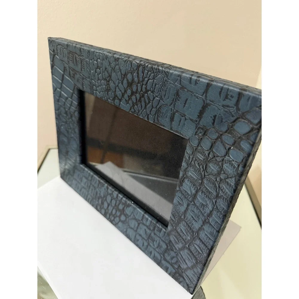 Navy Crocodile Embossed Genuine Leather Picture Frame Easel Back Chic